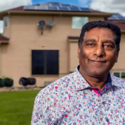 Kae Shummoogum showed off his wind and solar powered home near Calgary with 17 solar panels on the roof and thermal solar panel on the side.