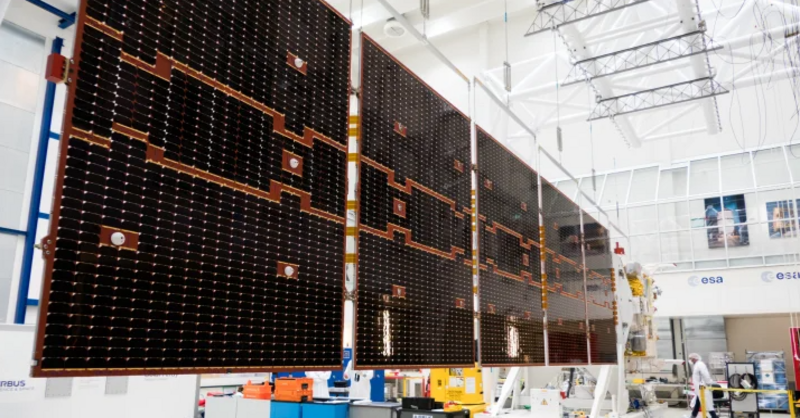 The satellite’s 11-meter solar wing from its folded stowed configuration allows it to fit in the rocket fairing.
