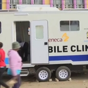 A solar powered mobile clinic in Africa utilizes solar energy for cold storage, ensuring effective vaccines can be delivered to remote areas.