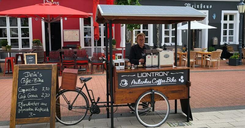 Germany’s Liontron can prepare 300 cups of coffee a day from the PV modules and storage tech on its bicycles for beverage vendors.