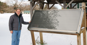 Displayed on a pedestal on the campus of Unity College is a solar panel that Jimmy Carter installed on the White House on June 20, 1979.