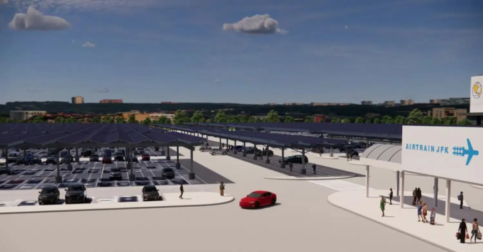 ptp-042524-2 New York State’s largest onsite solar plus storage project – a solar carport canopy at JFK International Airport – has begun construction.